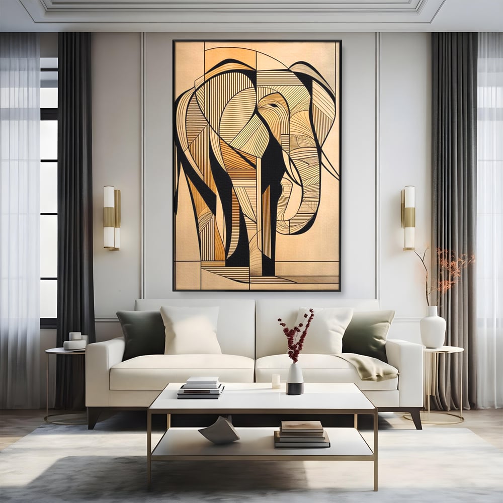 Tablou canvas cu tablou canvas cu elefant geometric, in rama de aluminiu negru, pe perete intr-un living